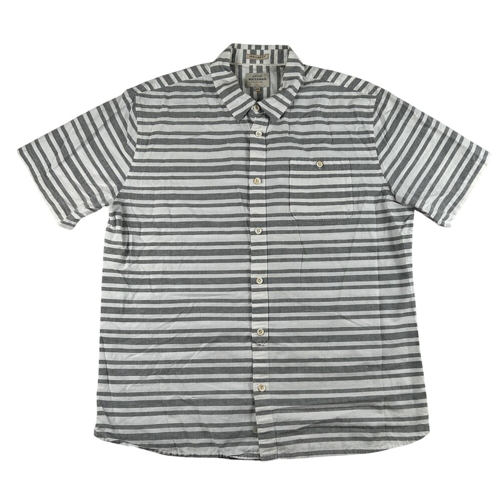 Quiksilver Waterman Shirt Mens 2XL Gray Stripe Short Sleeve Button Up Casual
